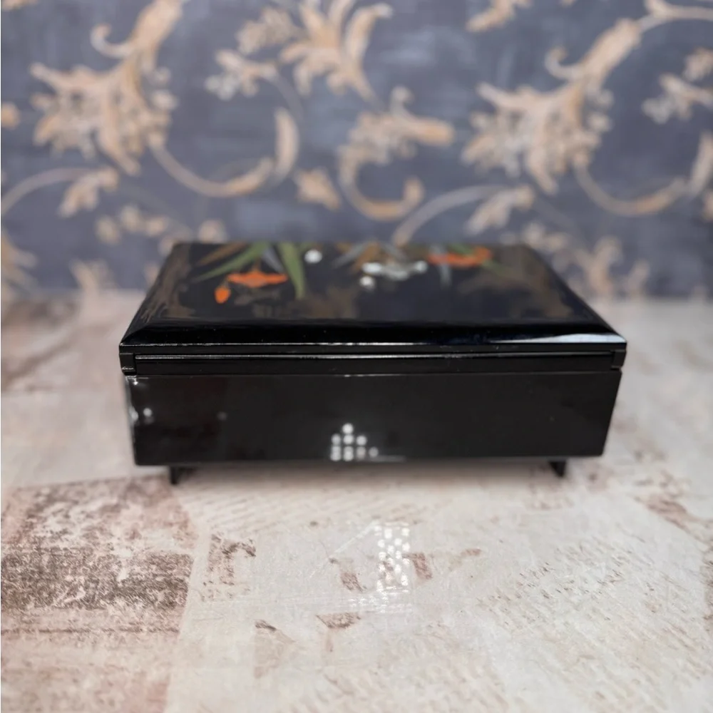 Vintage Black Lacquer Music Box Floral Inlay Jewelry Box Mirror Lid